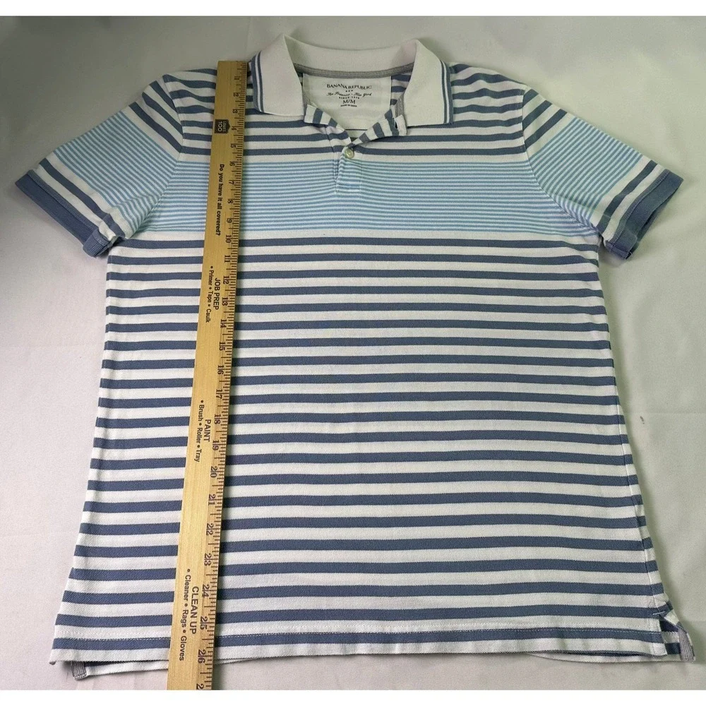 Banana Republic Men's Polo Shirt Medium White Blue Striped Pique Cotton Preppy M